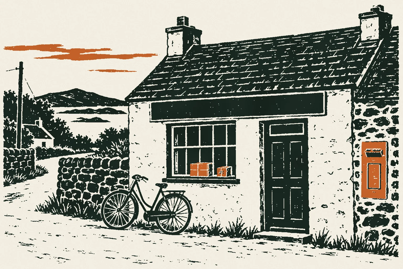 Linocut print of a whitewashed country post office with a bicycle against the wall and parcels on the windowsill