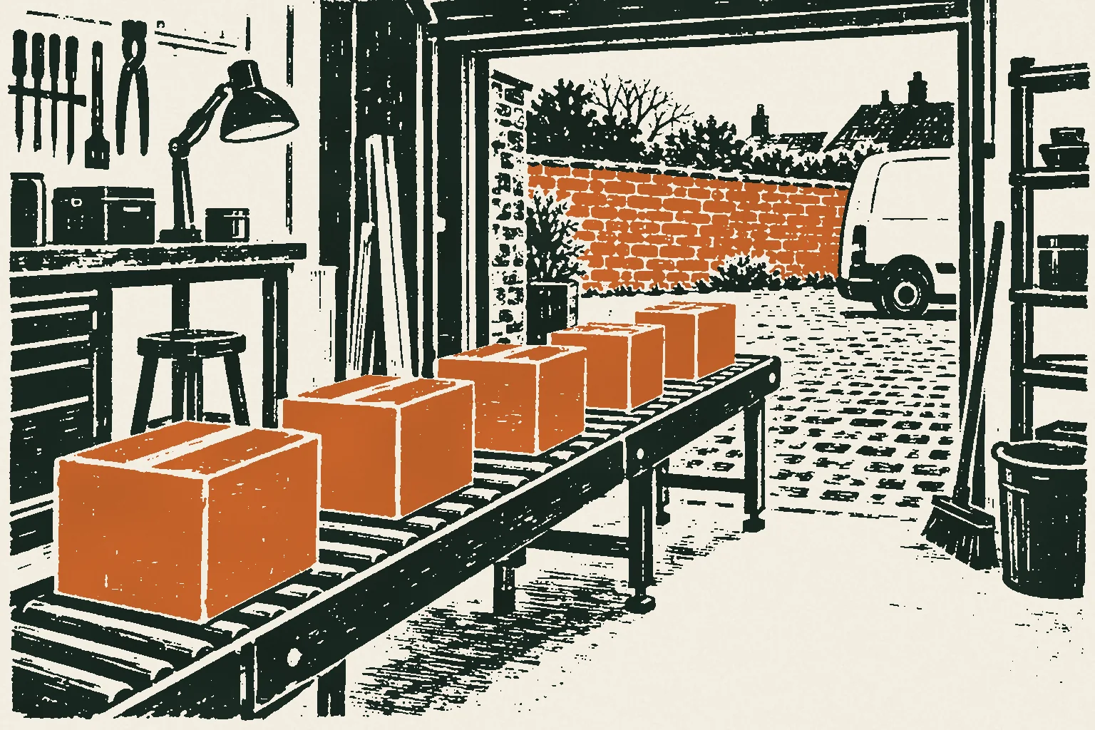Linocut print of parcels moving along a roller conveyor towards an open garage door