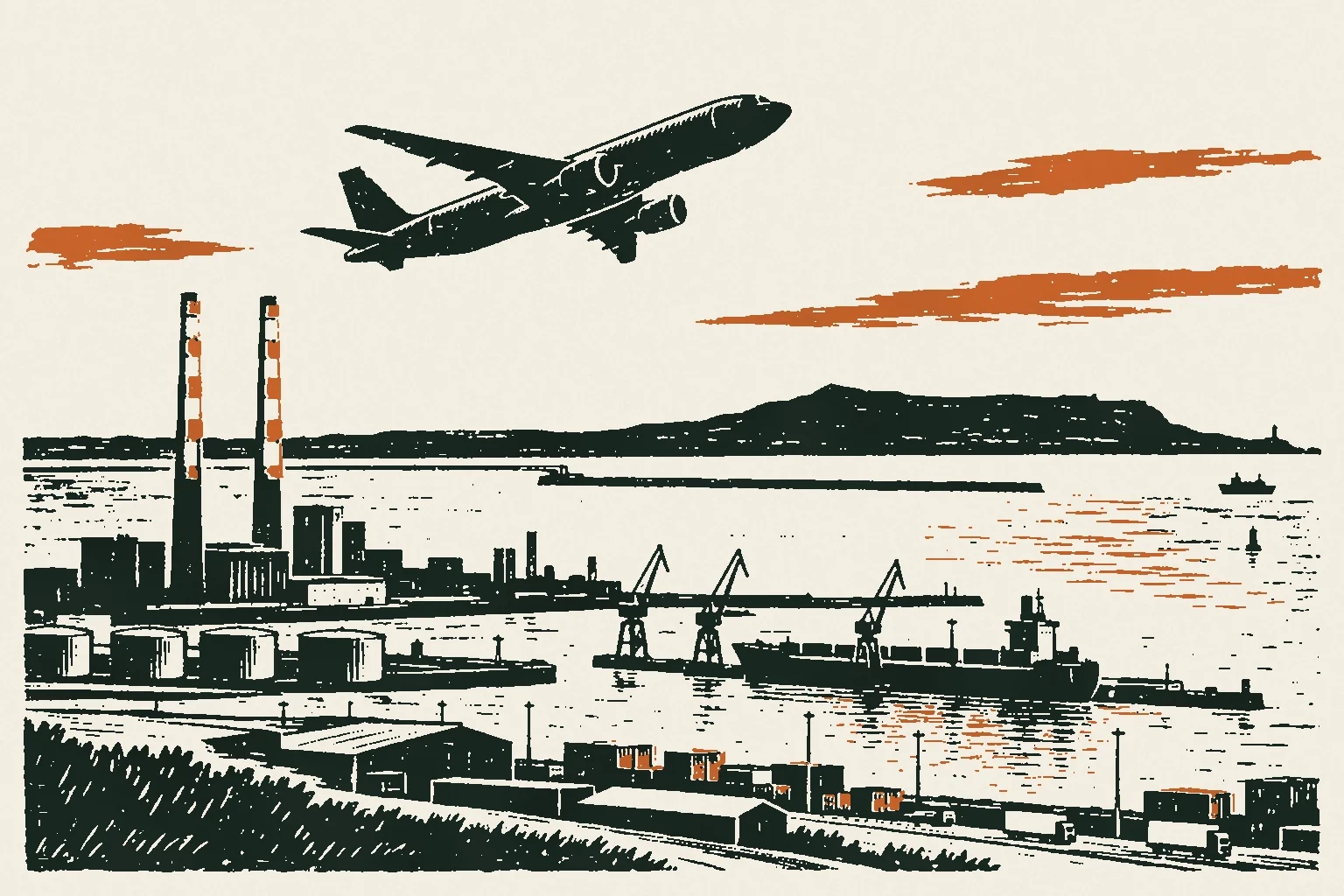 Linocut print of a cargo plane over Dublin Bay and the two Poolbeg chimneys