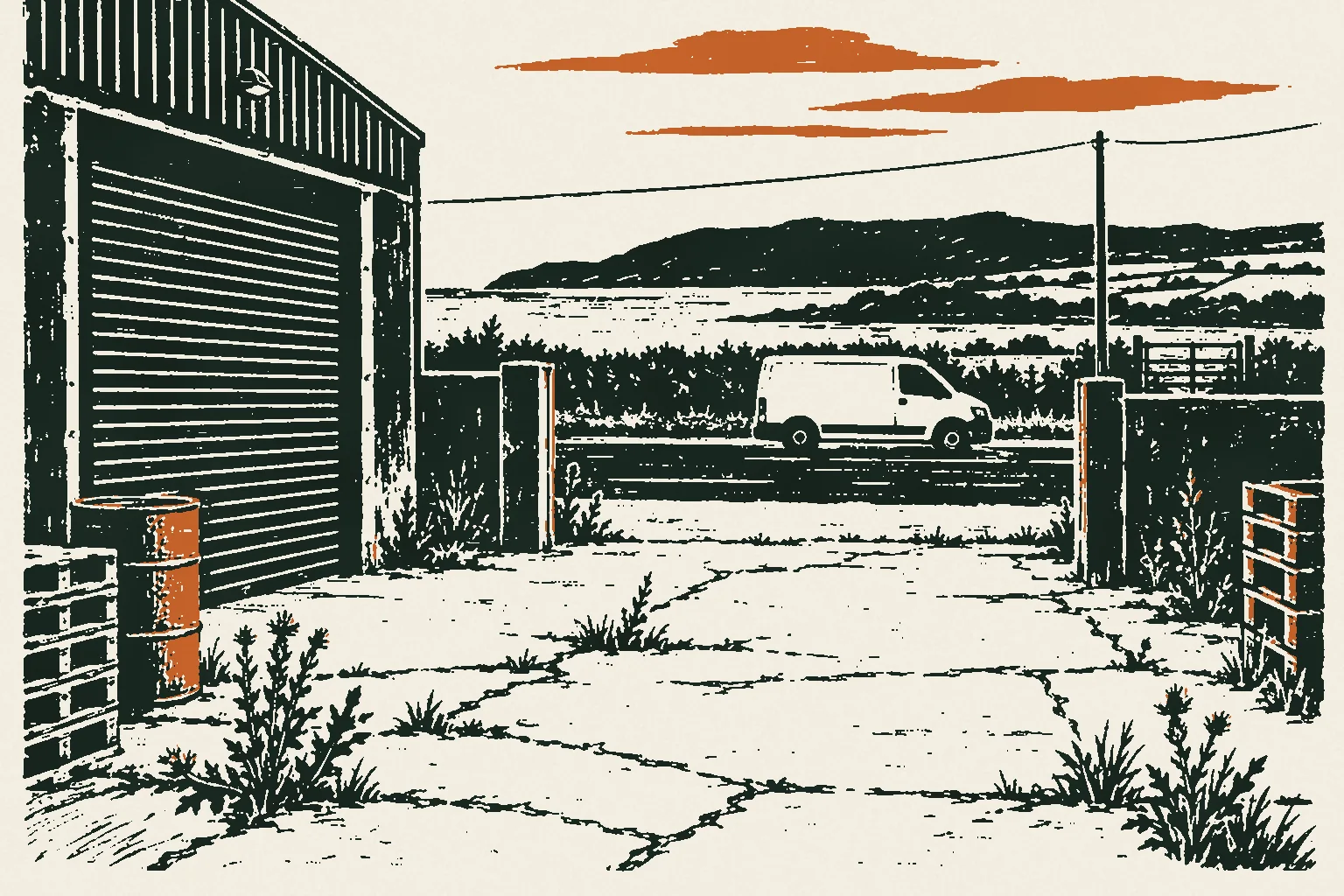 Linocut print of a closed depot with weeds in the yard as a van drives past on the road