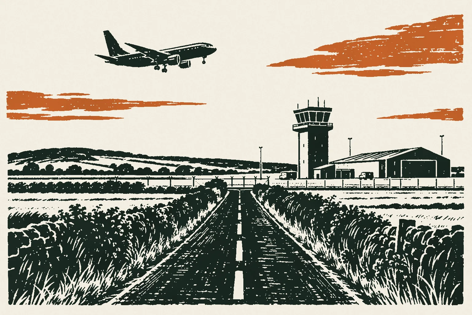 Linocut print of a regional airport control tower at the end of a straight country road