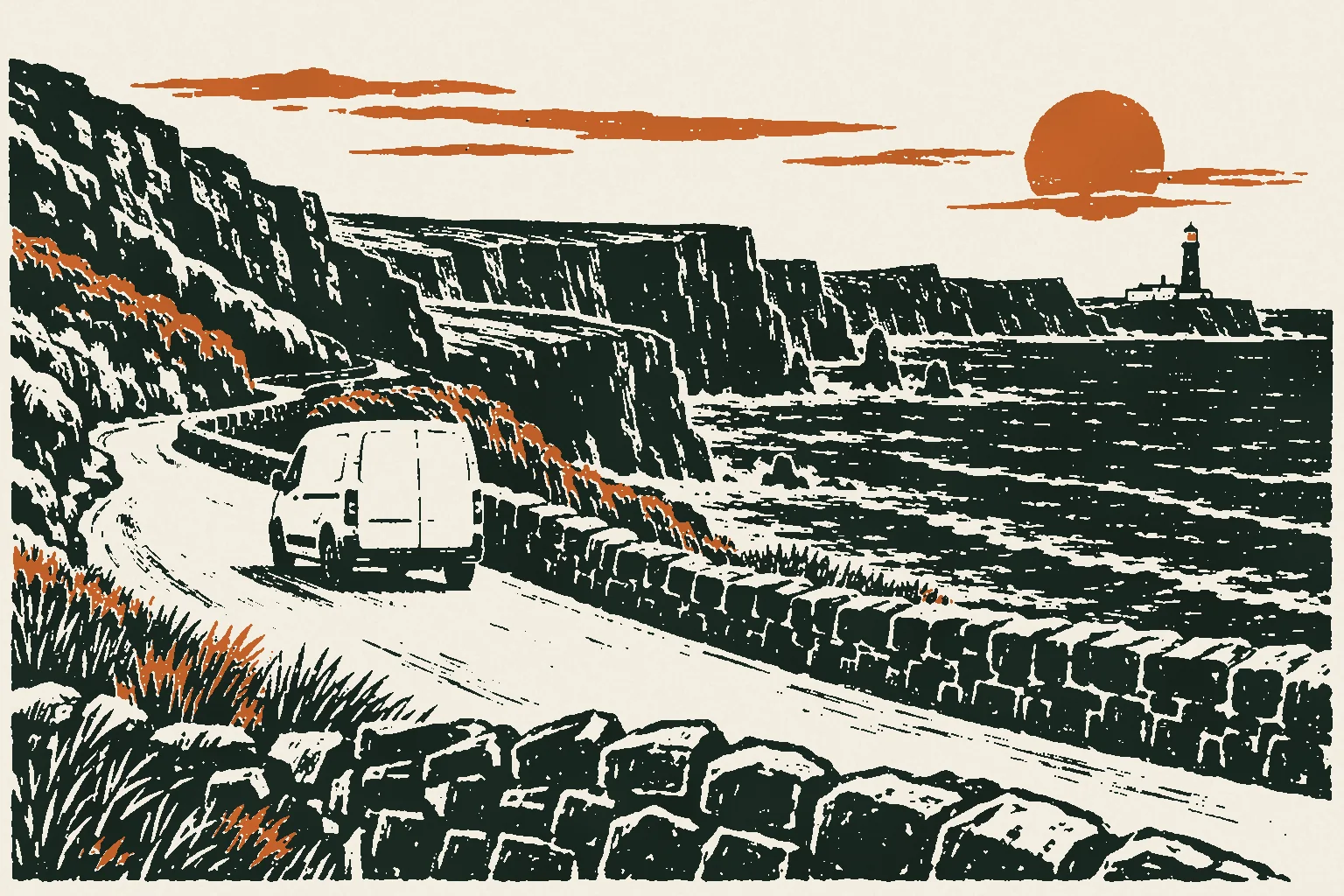 Linocut print of a van on an Atlantic coast road with sea cliffs and a lighthouse
