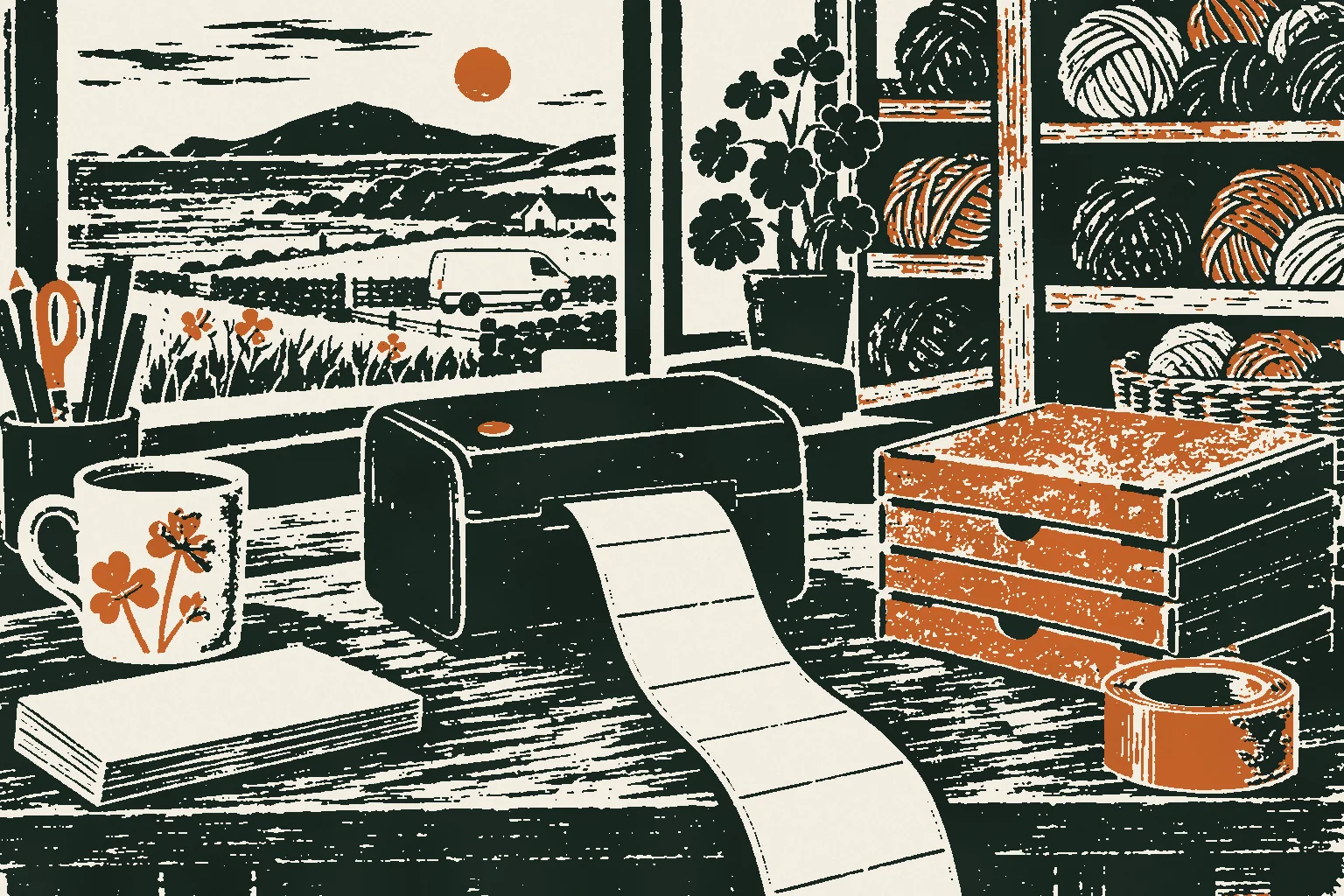 Linocut print of a label printer feeding out blank labels on a craft table beside flat-packed boxes