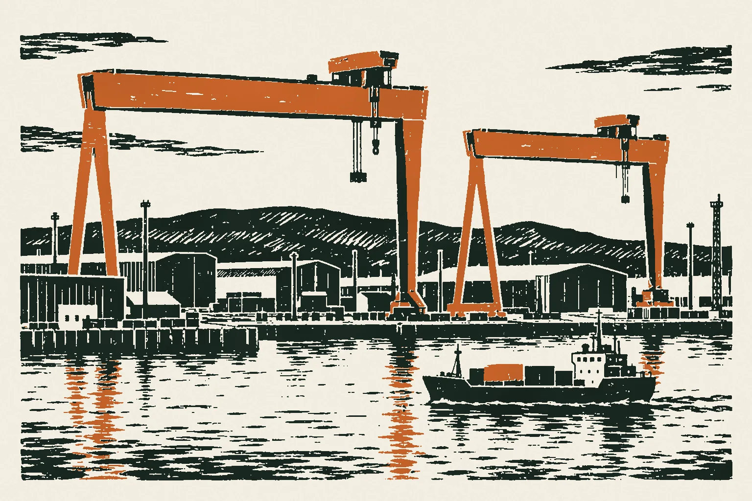 Linocut print of the two gantry cranes of the Belfast shipyard over the harbour with a cargo boat