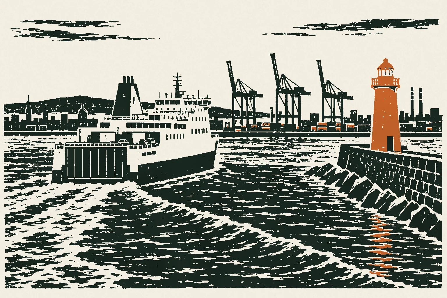 Linocut print of a ferry leaving Dublin Port past the Poolbeg lighthouse