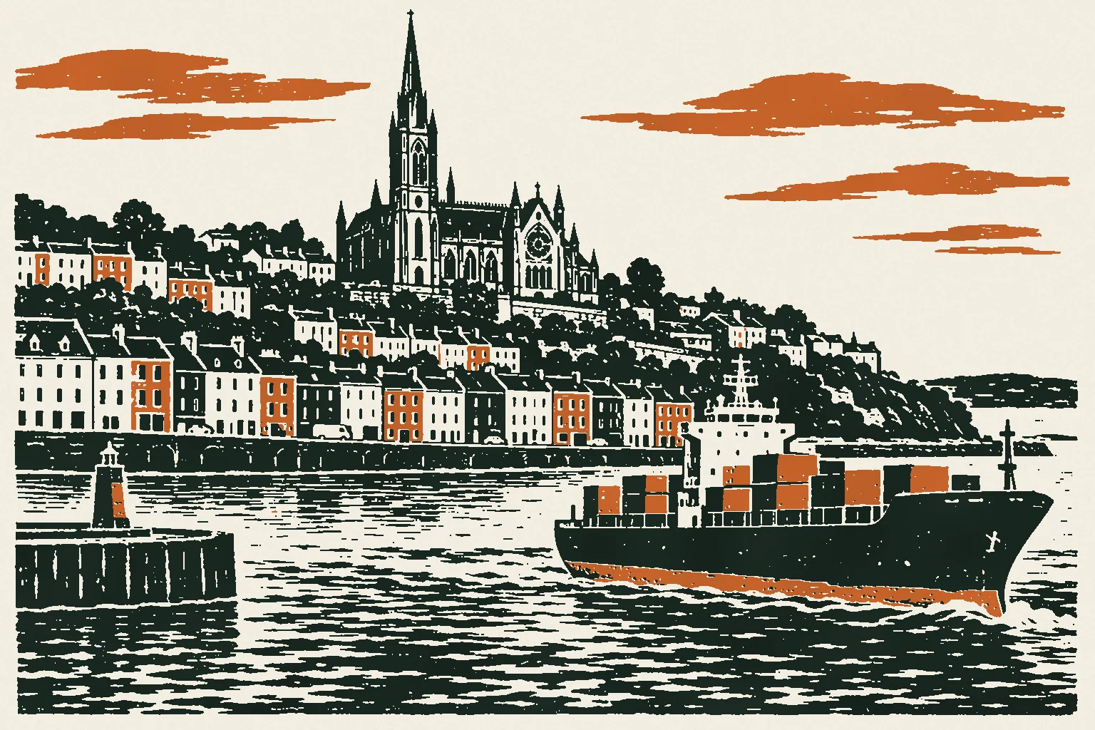 Linocut print of a container ship leaving Cobh harbour below the terraces and the cathedral