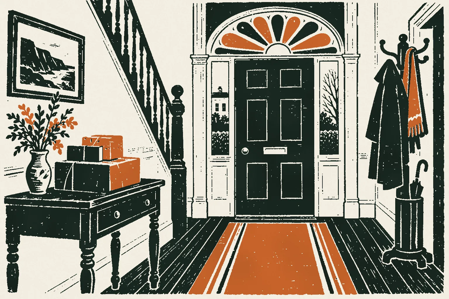 Linocut print of returned parcels stacked on a hall table under a Georgian fanlight