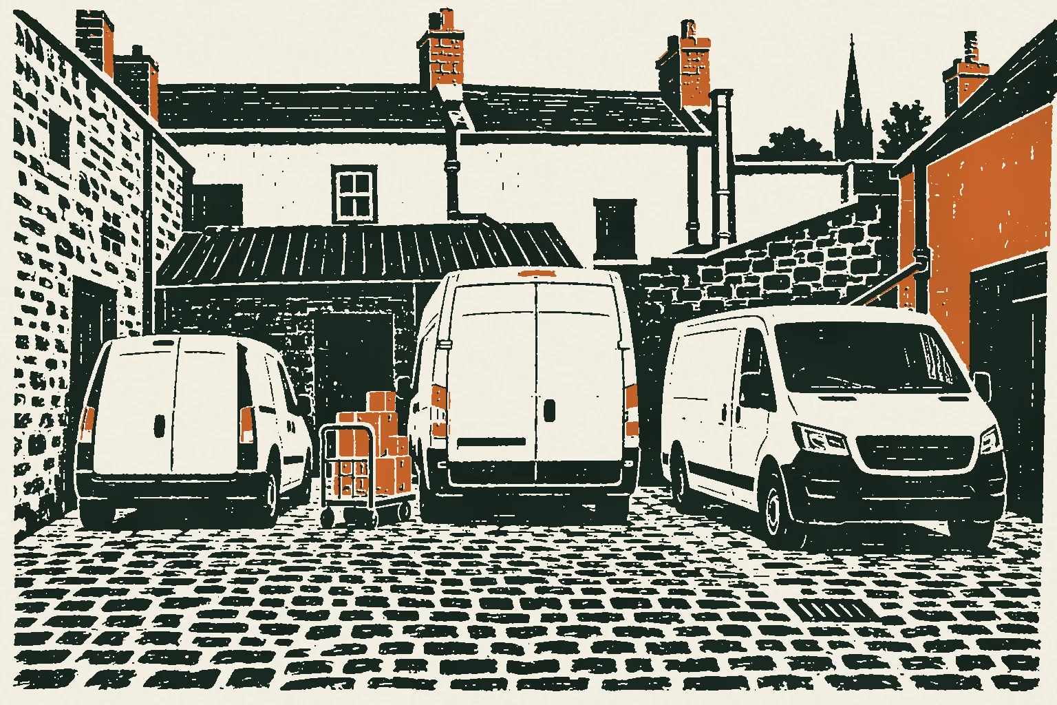 Linocut print of three different delivery vans parked side by side in a cobbled lane