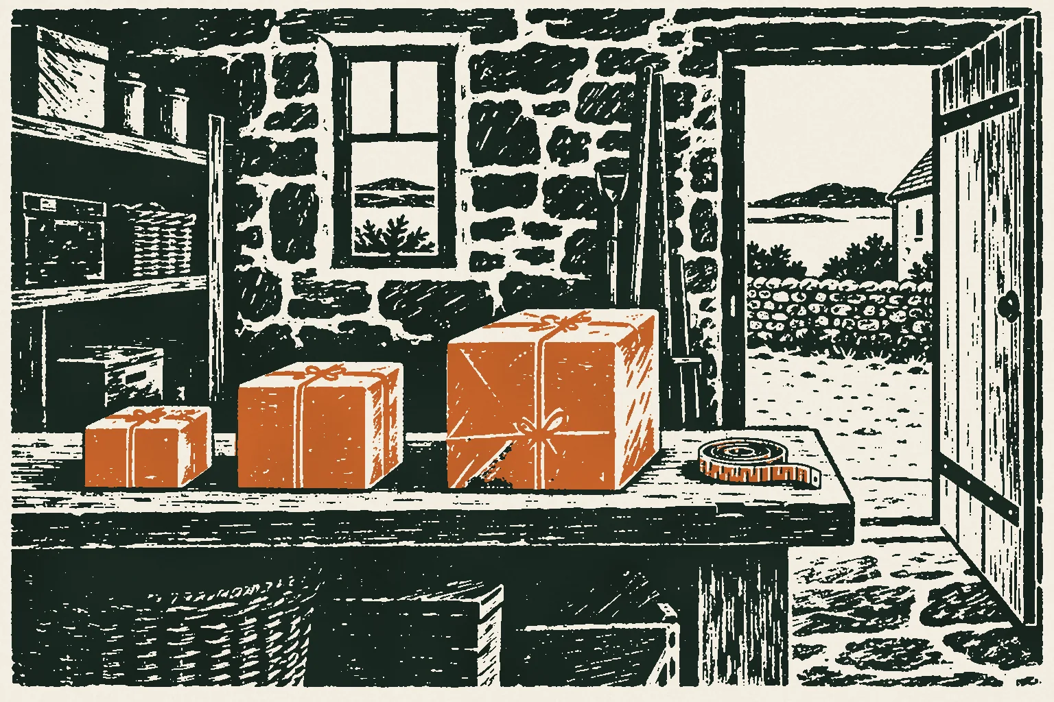Linocut print of three parcels of increasing size on a stockroom shelf beside a tape measure