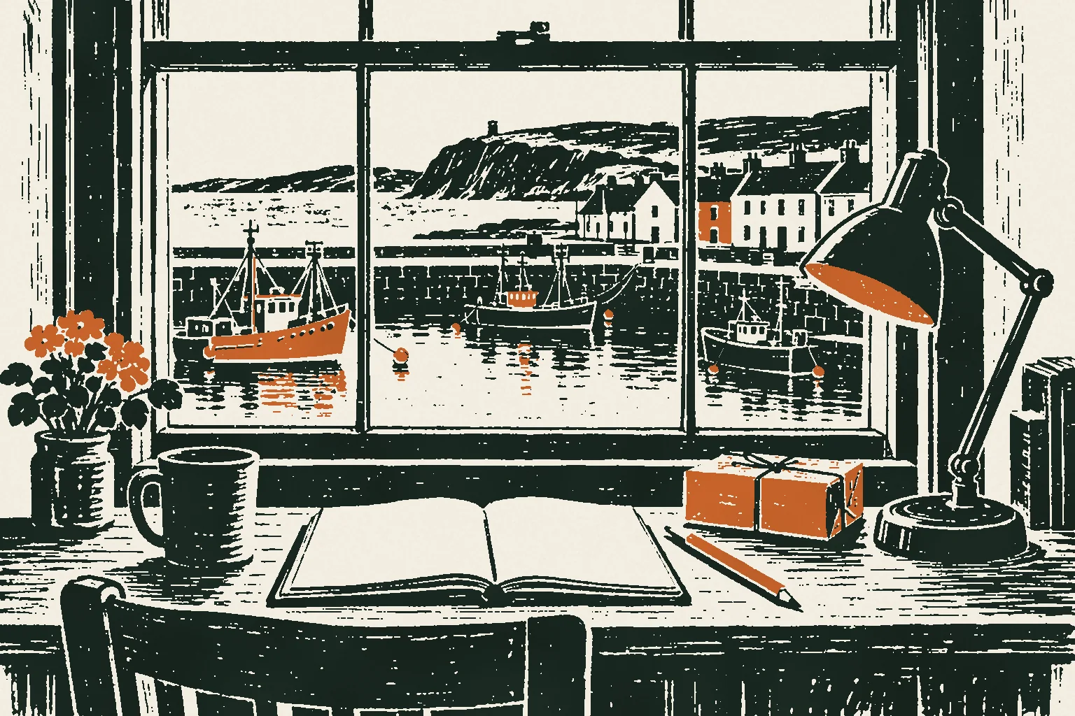 Linocut print of a desk with a blank notebook and a parcel by a window over a harbour