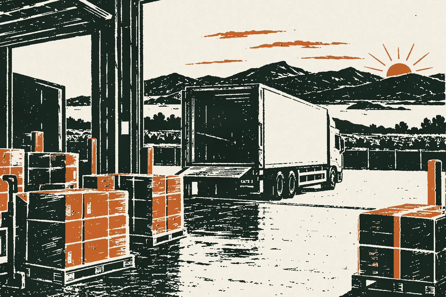 Linocut print of parcels on pallets in a depot loading bay at dawn with mountains behind