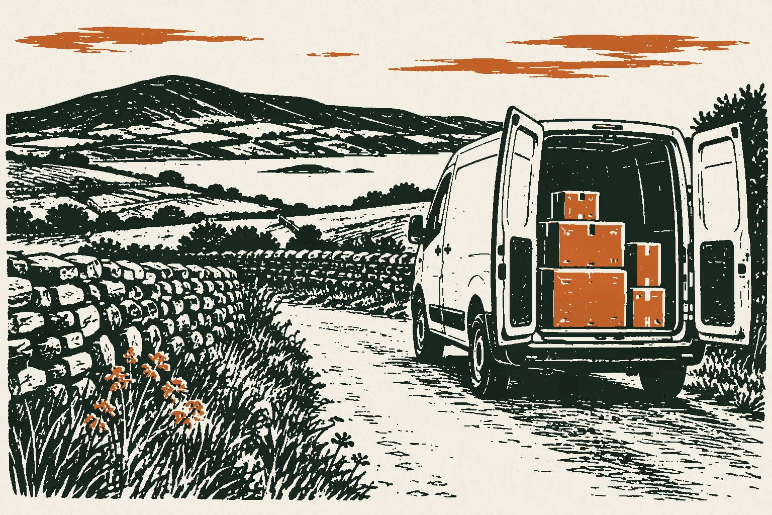 Linocut print of a plain van with open rear doors and stacked parcels on a rural Irish road