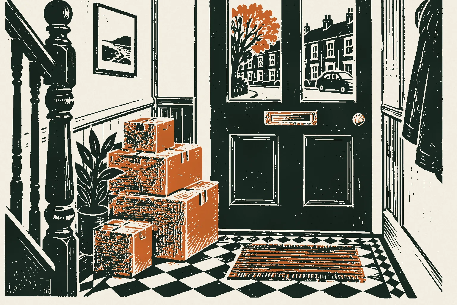 Linocut print of cardboard boxes stacked in the hallway of an Irish terraced house by the front door
