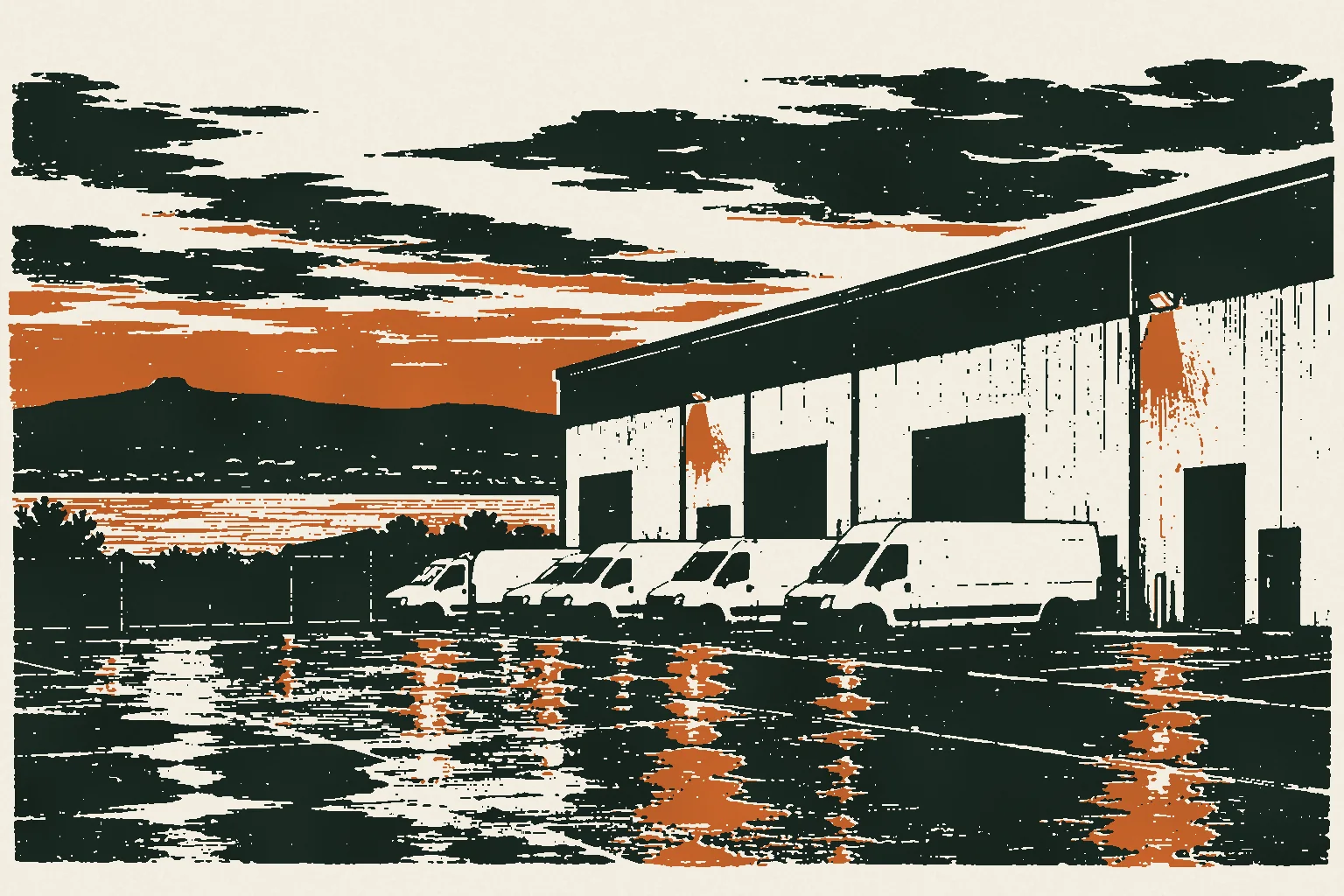 Linocut print of a plain warehouse at dusk with a row of unmarked vans parked outside