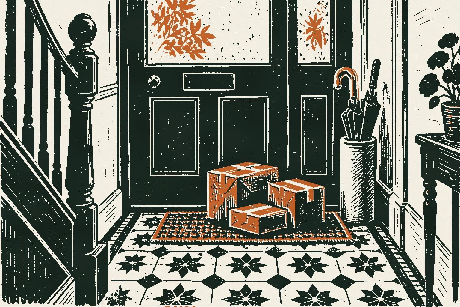 Linocut print of brown cardboard parcels on a doormat inside a terraced house front door