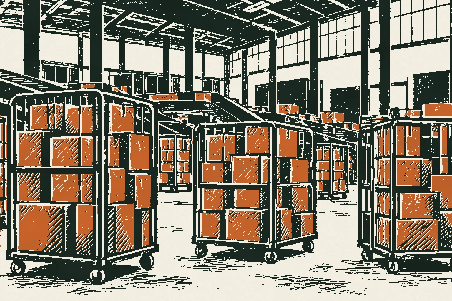 Linocut print of parcels stacked on roll cages in a Dublin sorting depot