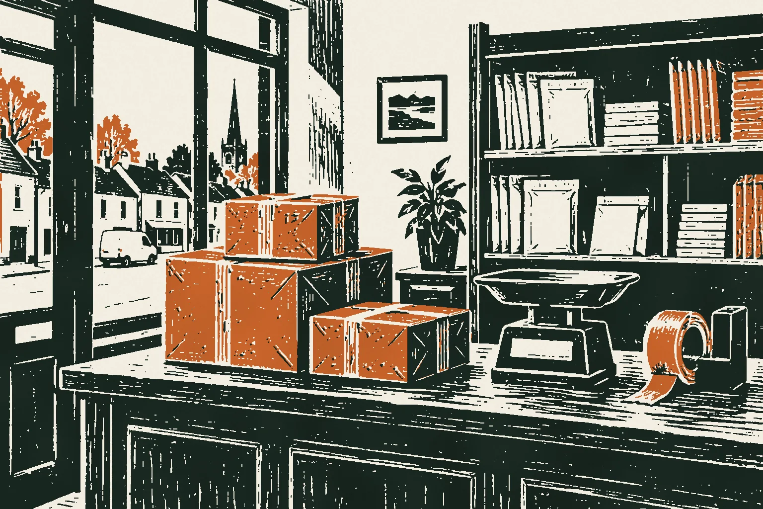 Linocut print of parcels piled on a post office counter beside a weighing scale
