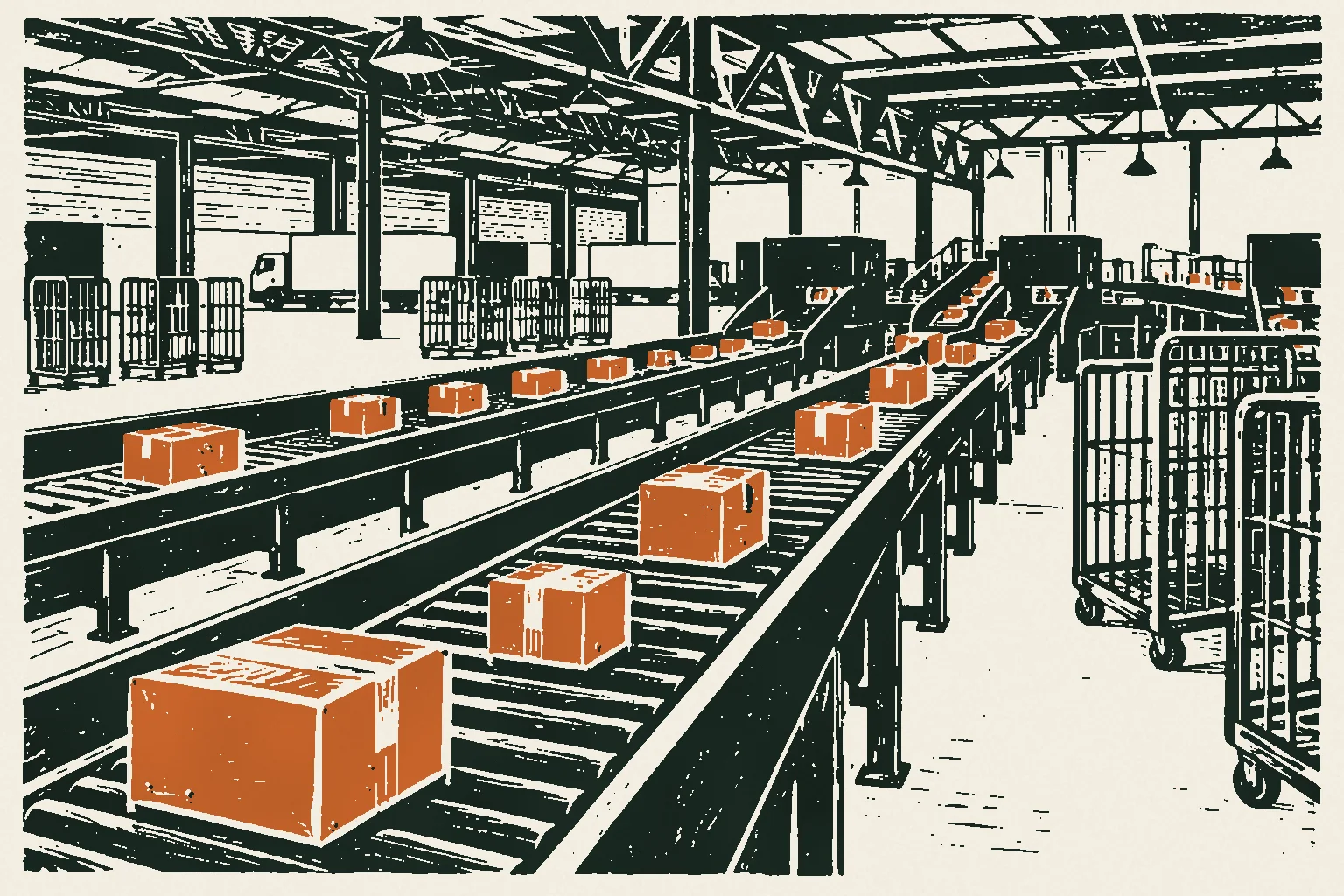 Linocut print of parcels on conveyor belts in a large sorting hall with roller cages