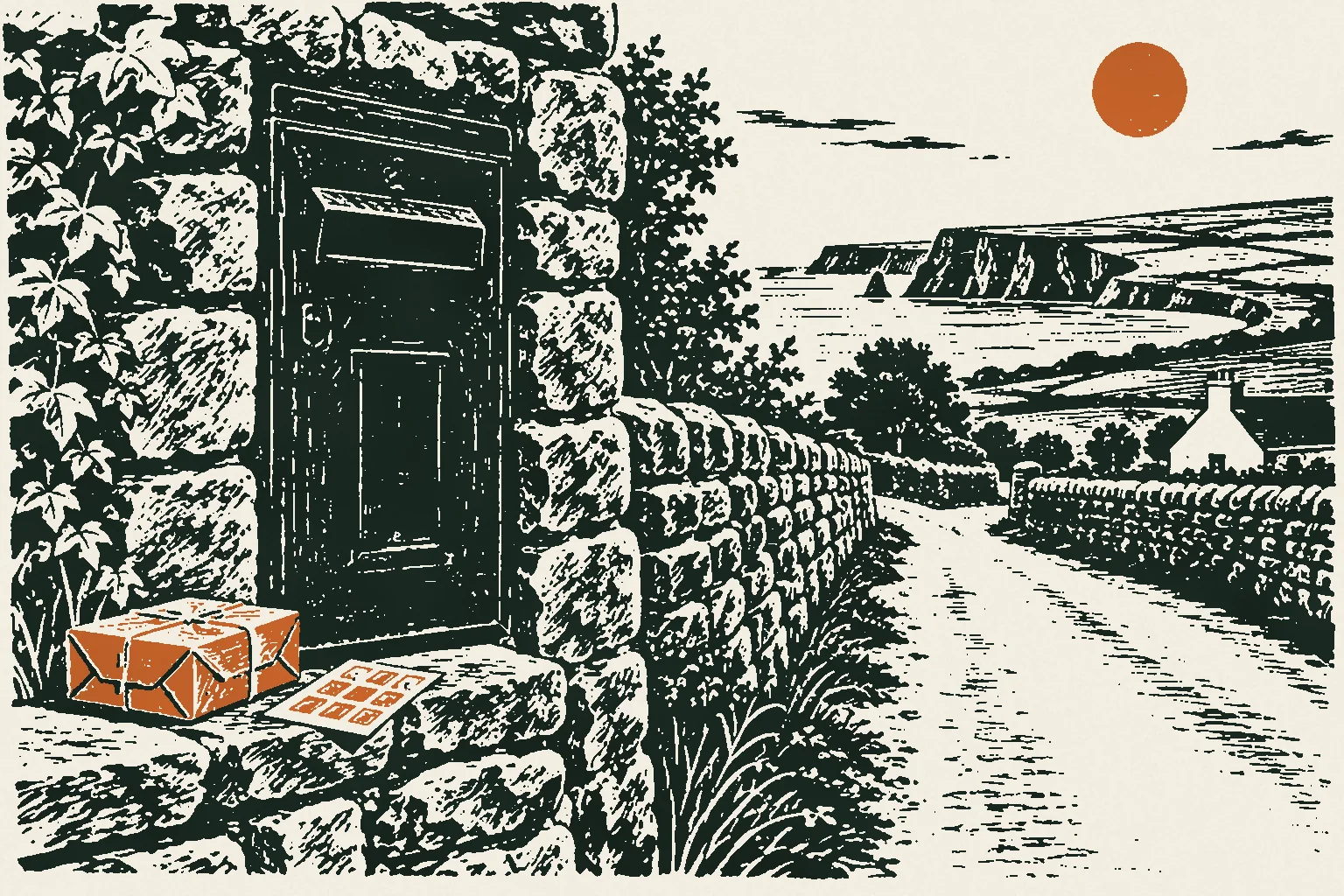 Linocut print of a green post box in a stone wall with a parcel and stamps on the ledge