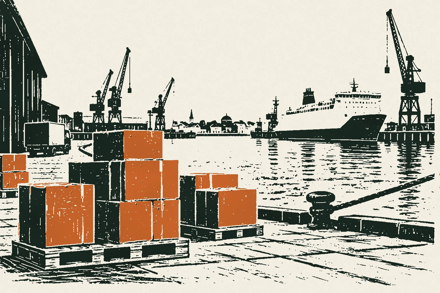 Linocut print of stacked parcels on a pallet at Dublin Port with cranes and a ferry behind