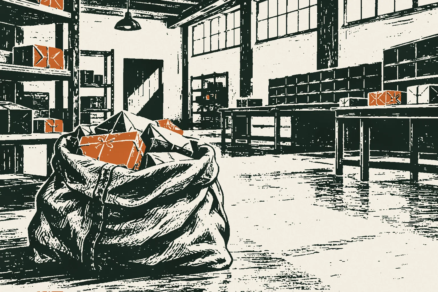 Linocut print of parcels piled in a canvas mail sack in an empty sorting room