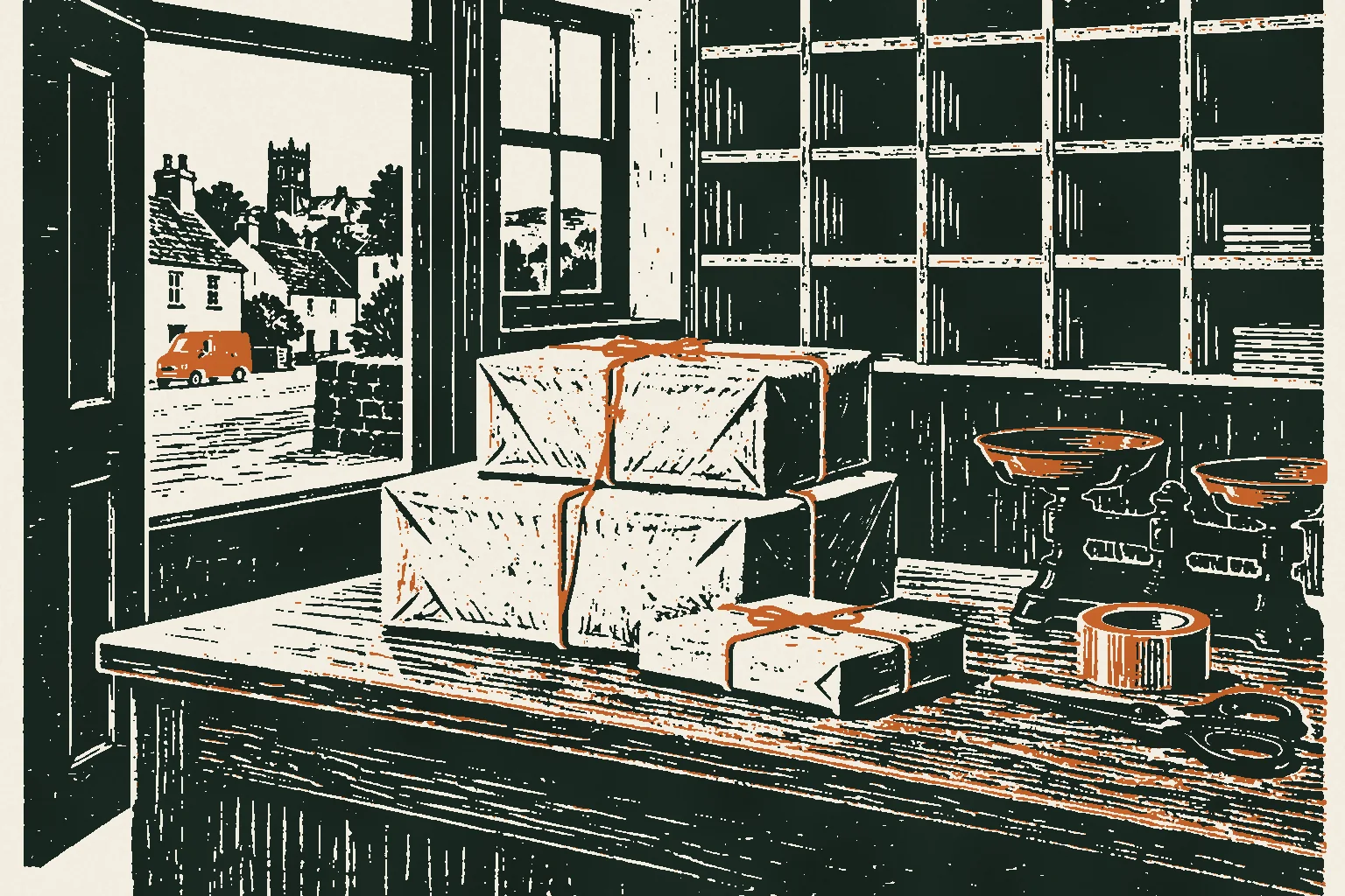 Linocut print of wrapped parcels stacked on a village post office counter beside brass scales