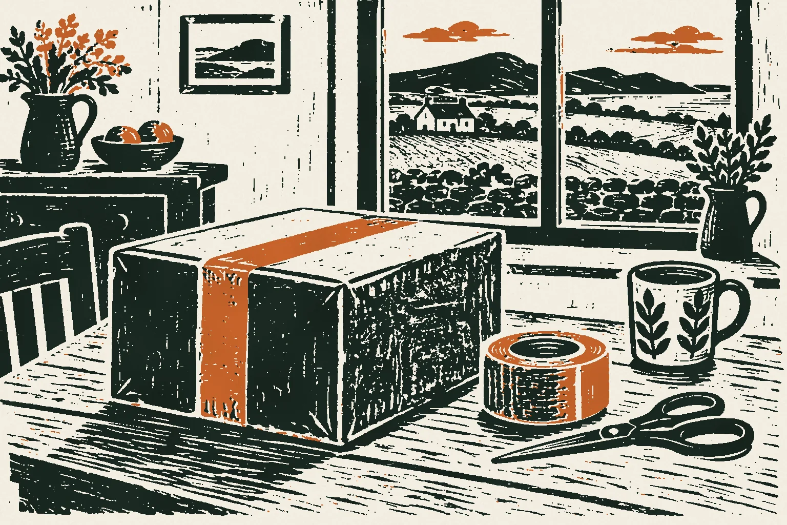 Linocut print of a sealed parcel, packing tape and scissors on an Irish farmhouse kitchen table