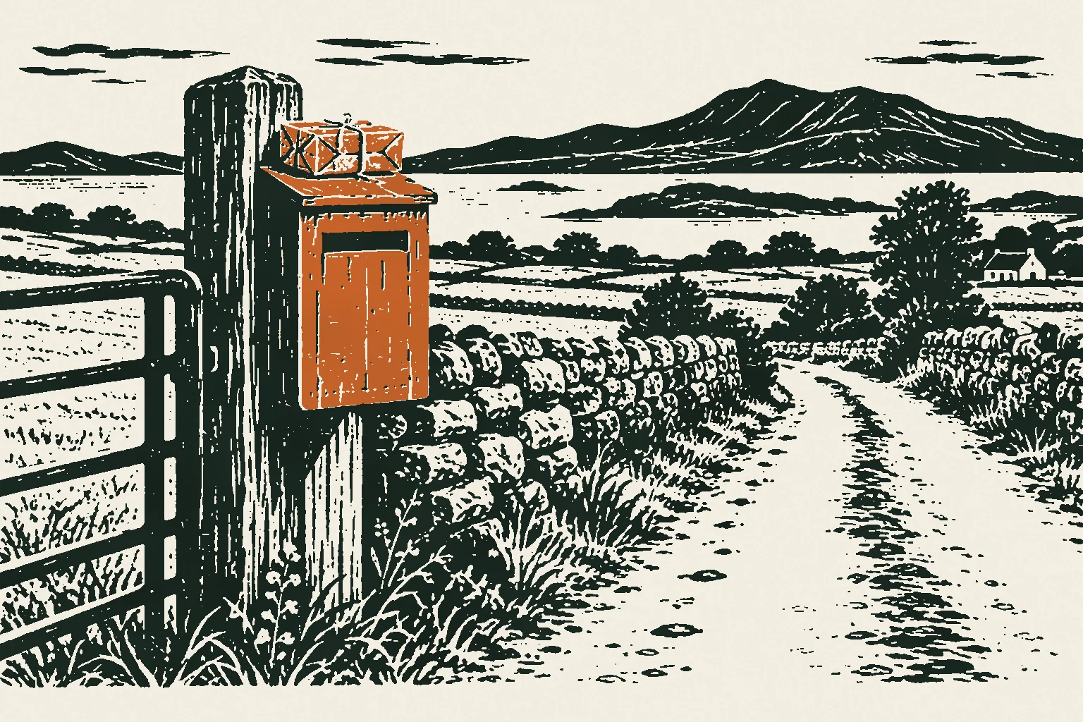 Linocut print of a parcel on a rural post box beside a stone wall in Mayo
