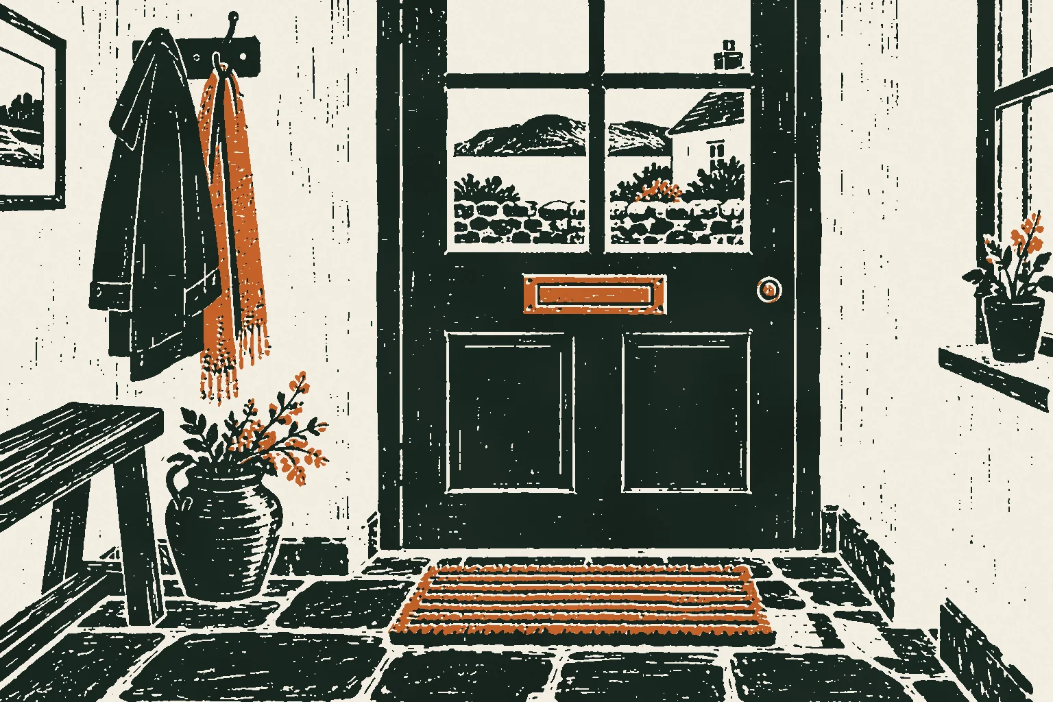 Linocut print of an empty doormat below a brass letterbox inside a cottage front door