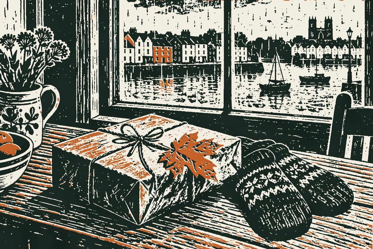 Linocut print of a string-tied parcel with a maple leaf and mittens on a table by a rainy window