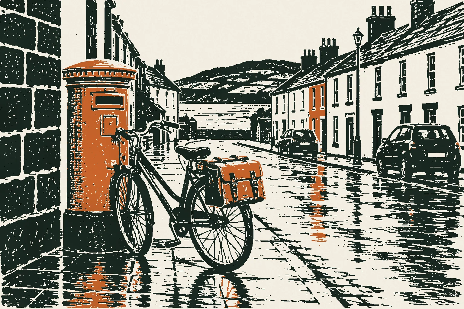 Linocut print of a bicycle with a satchel leaning on a pillar box on a wet street