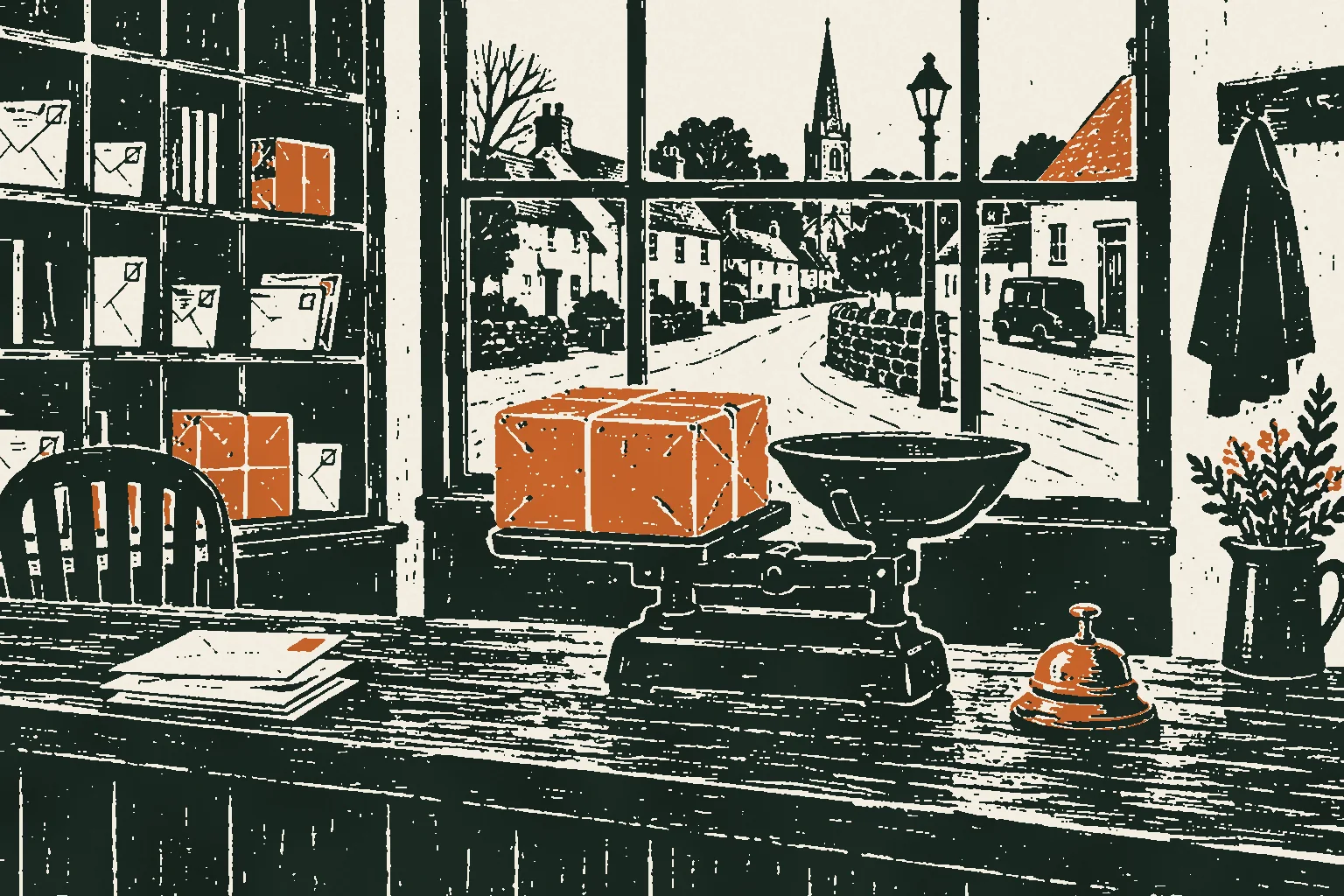 Linocut print of a post office counter with a bell, envelopes and a parcel on the scale