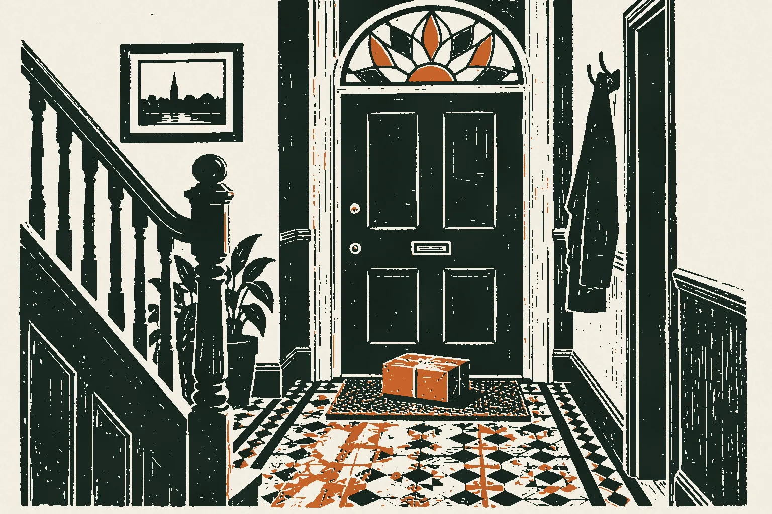 Linocut print of a parcel on a doormat under a stained-glass fanlight in a Dublin hallway