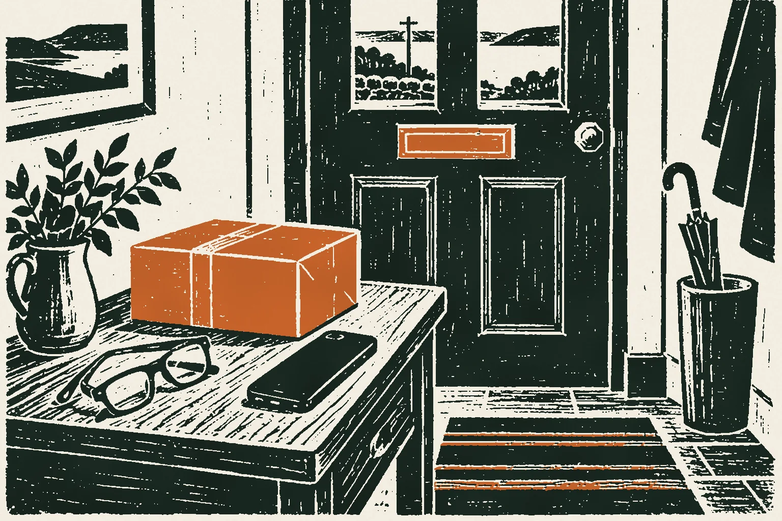 Linocut print of a phone face down beside a parcel on a hall table near the front door