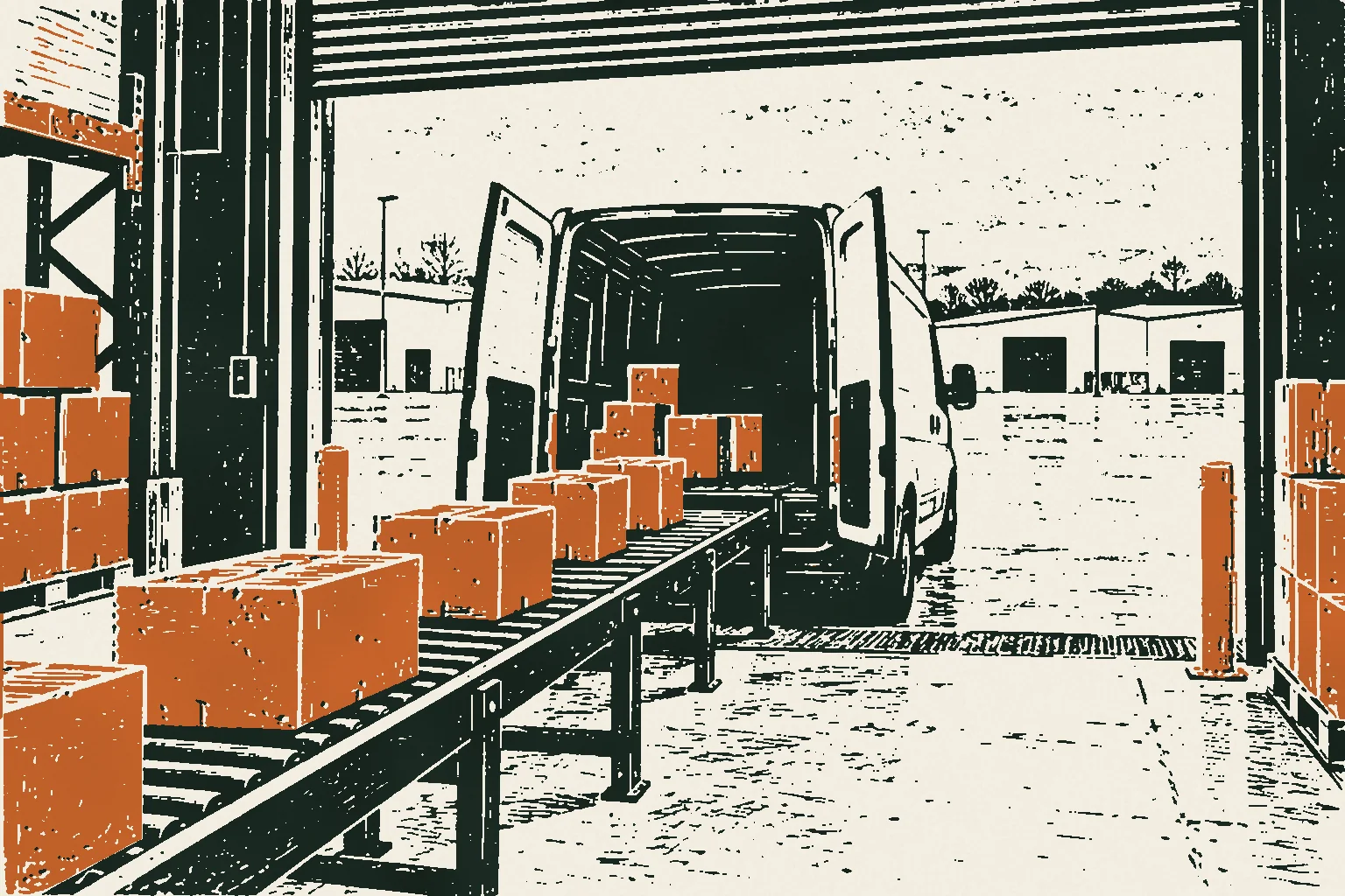 Linocut print of plain boxes on a roller conveyor at an open loading bay on a grey morning