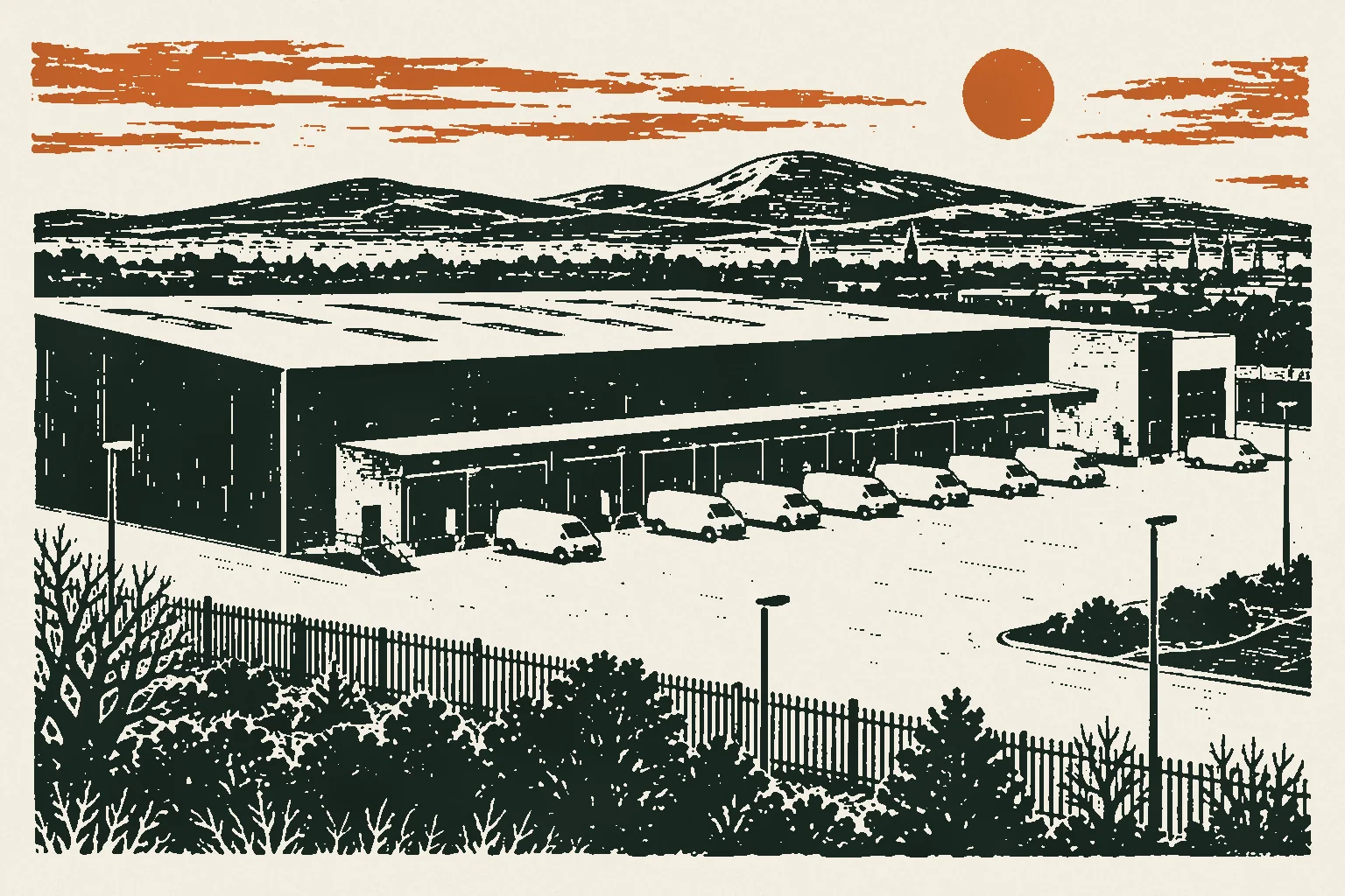 Linocut print of a new parcel depot with a loading dock and vans, mountains behind