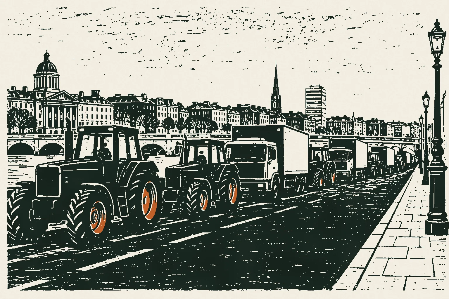 Linocut print of tractors and lorries lined up along the Liffey quays in Dublin under a grey sky