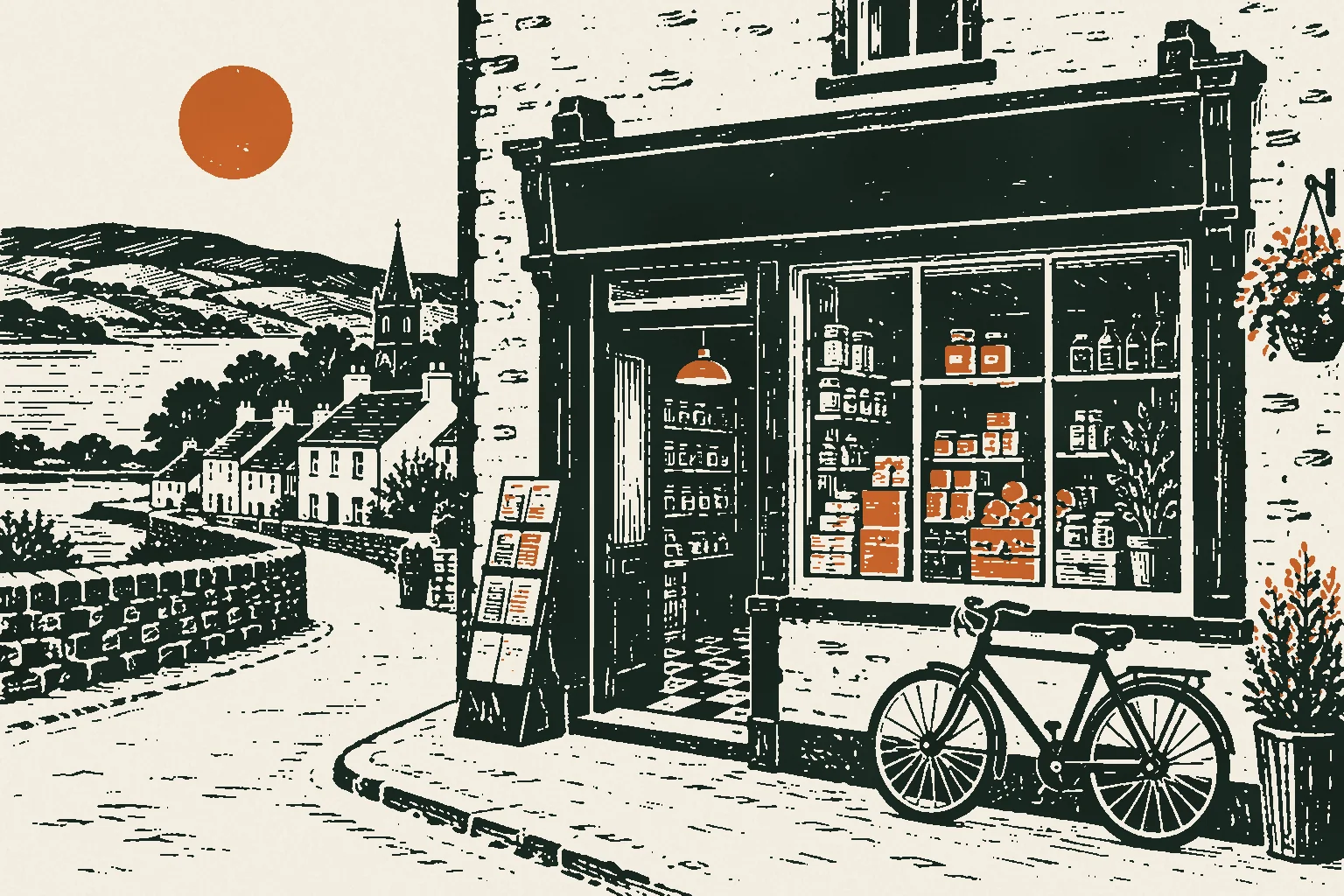 Linocut print of a village corner shop with parcels stacked in the window