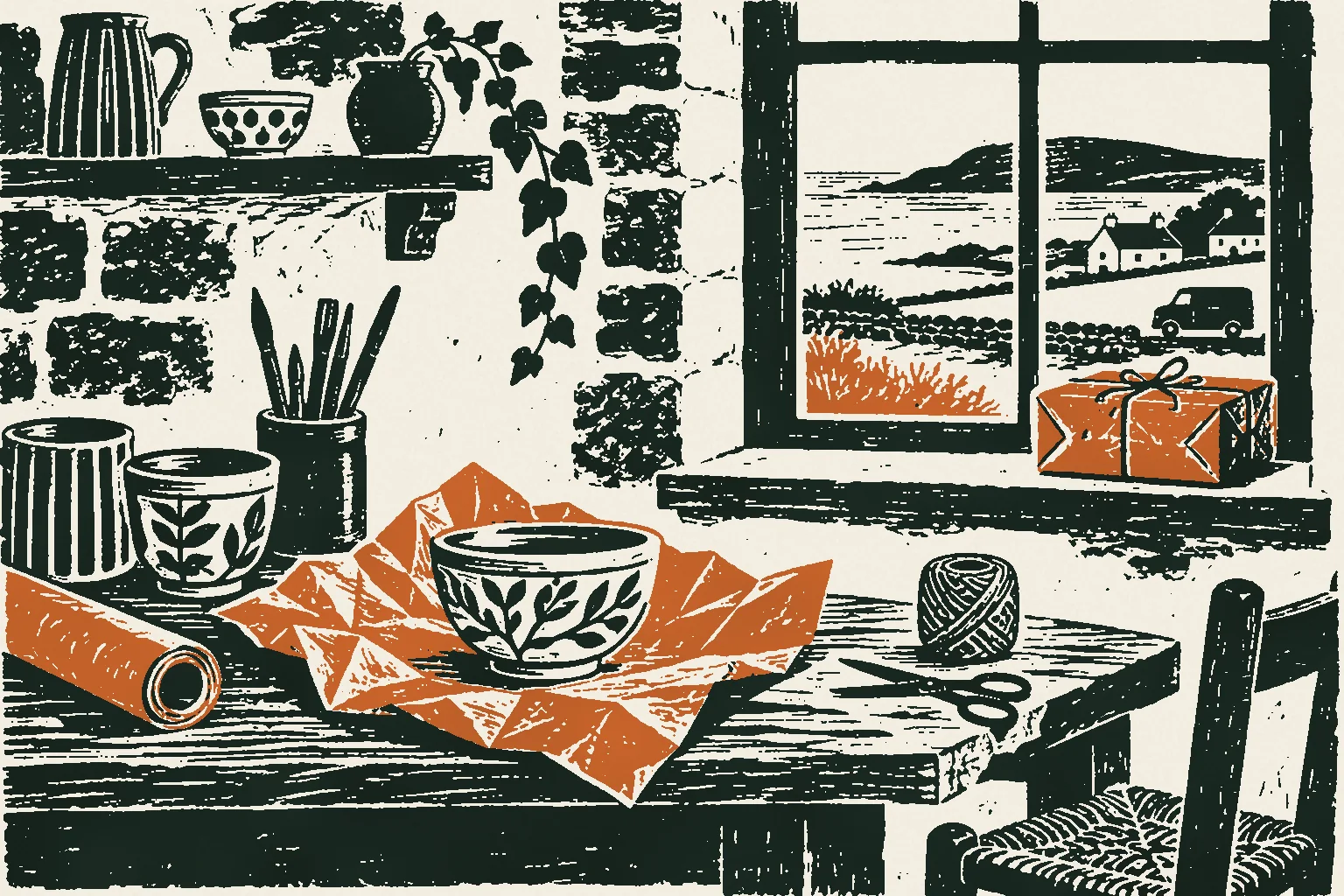 Linocut print of handmade pottery being wrapped in brown paper on a cottage workbench