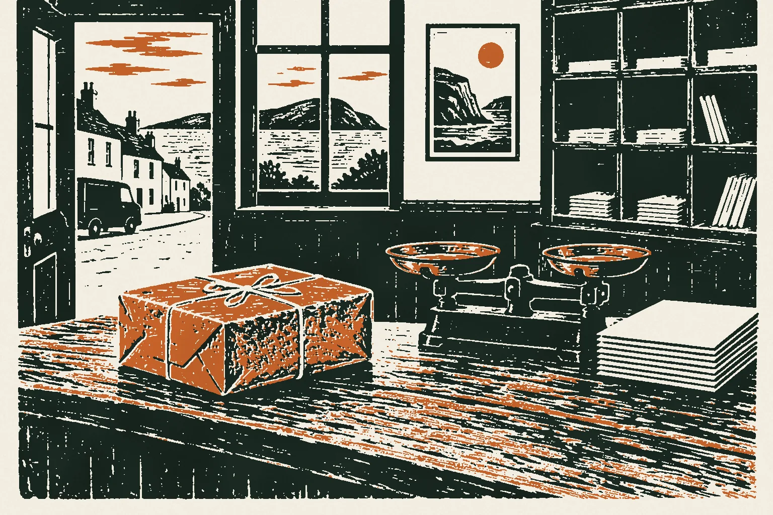 Linocut print of a brown paper parcel beside brass scales on an Irish post office counter