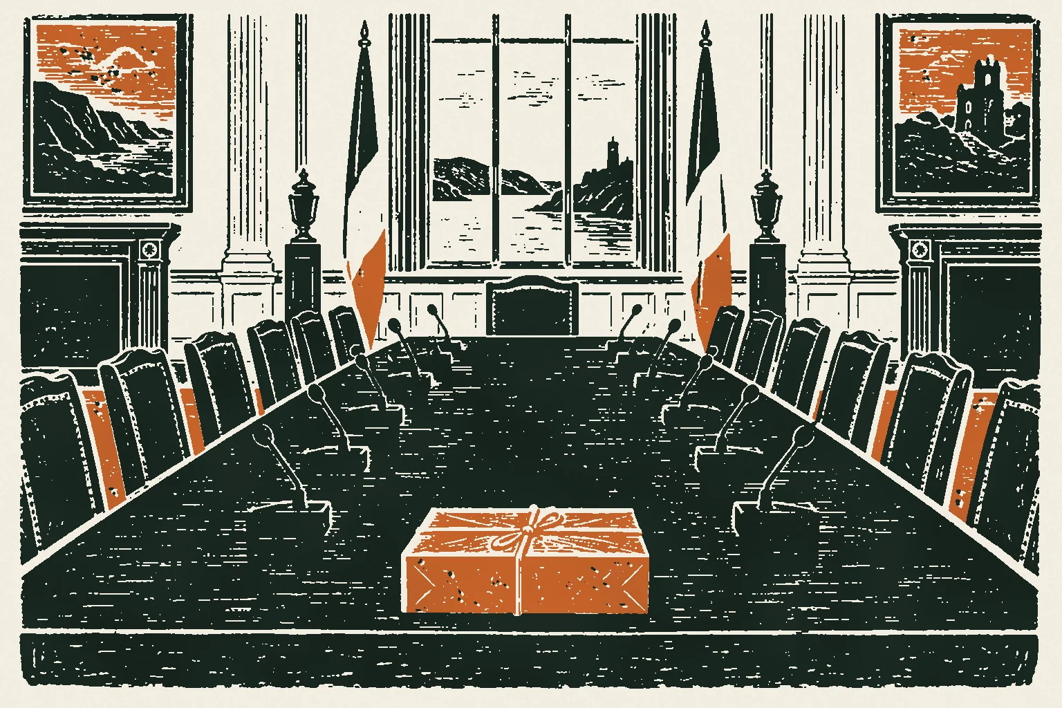 Linocut print of a long chamber table with empty chairs and a single parcel