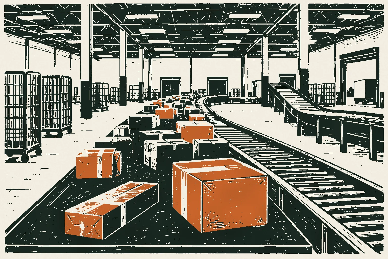 Linocut print of parcels piled on a sorting table in an empty mail centre