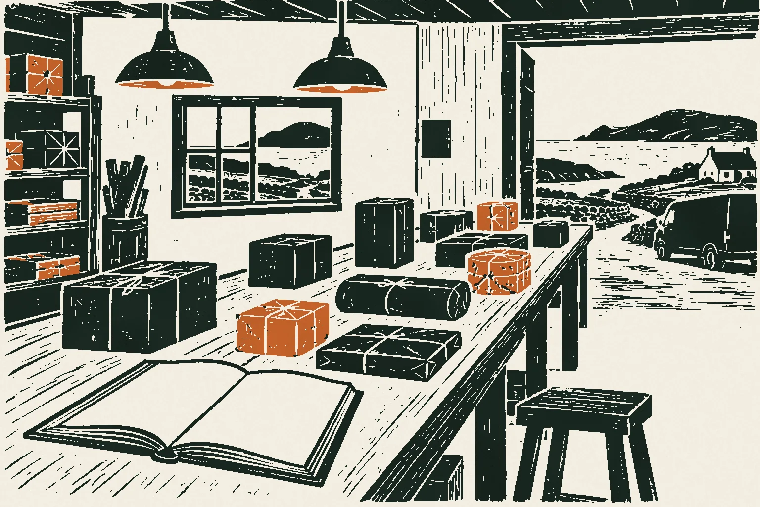 Linocut print of small parcels sorted on a long table under hanging lamps