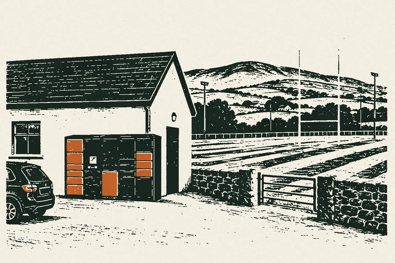 Linocut print of parcel lockers beside a rural GAA clubhouse with goalposts and hills behind