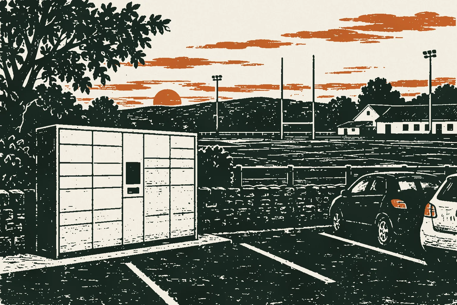 Linocut print of parcel lockers beside a GAA pitch in a midlands town