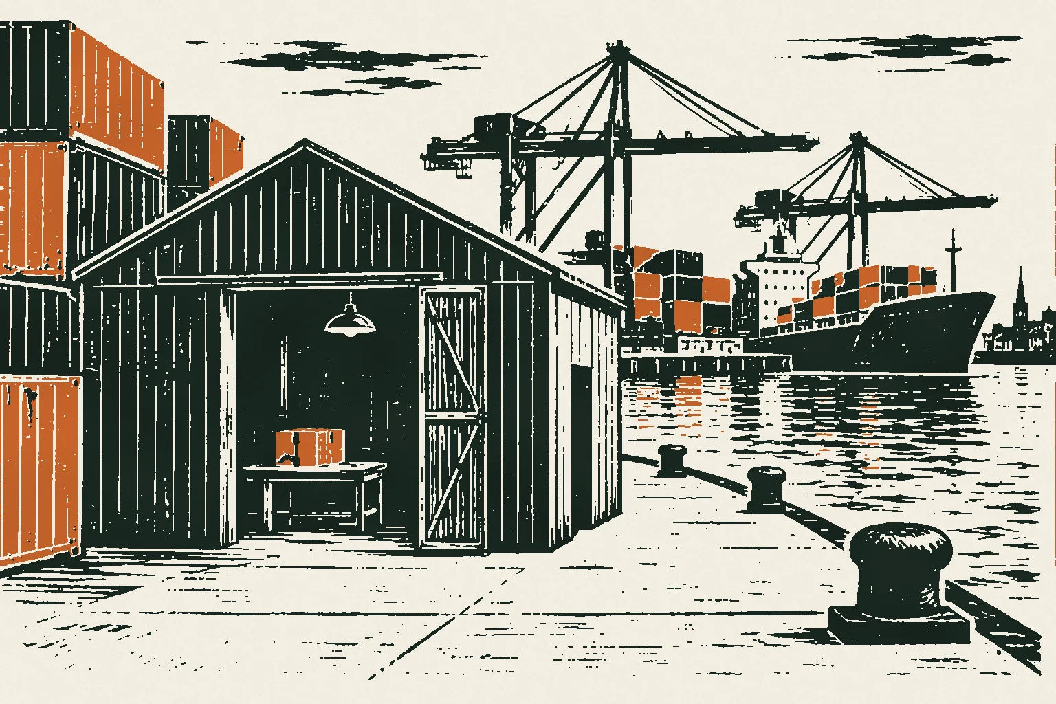 Linocut print of a customs shed on the quay at Dublin Port with a parcel on a bench inside
