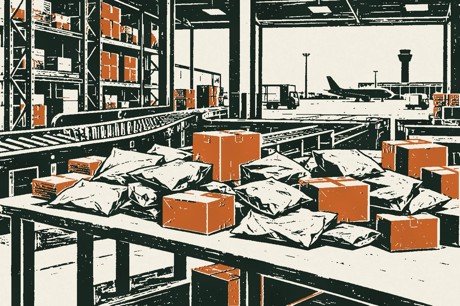 Linocut print of piles of small mailing bags and boxes on a sorting table in a warehouse