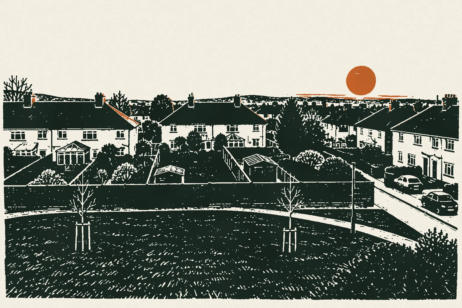 Linocut print of an empty evening sky over semi-detached houses in a west Dublin estate