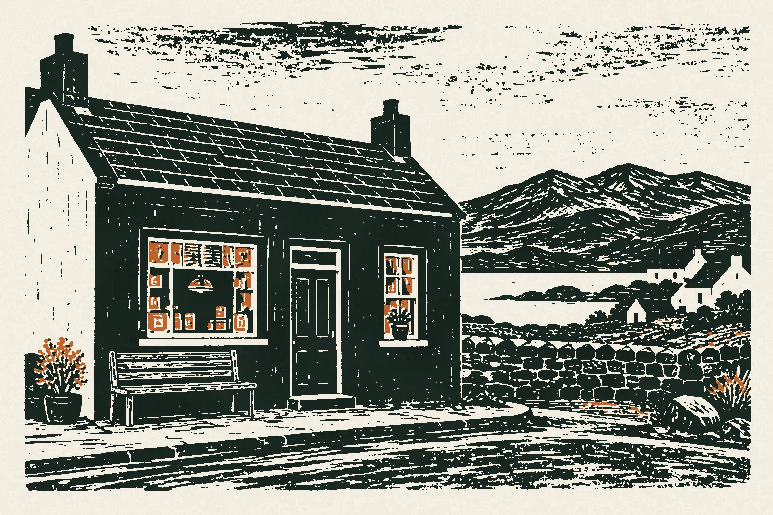 Linocut print of a small green village post office front with a bench, stone wall and hills
