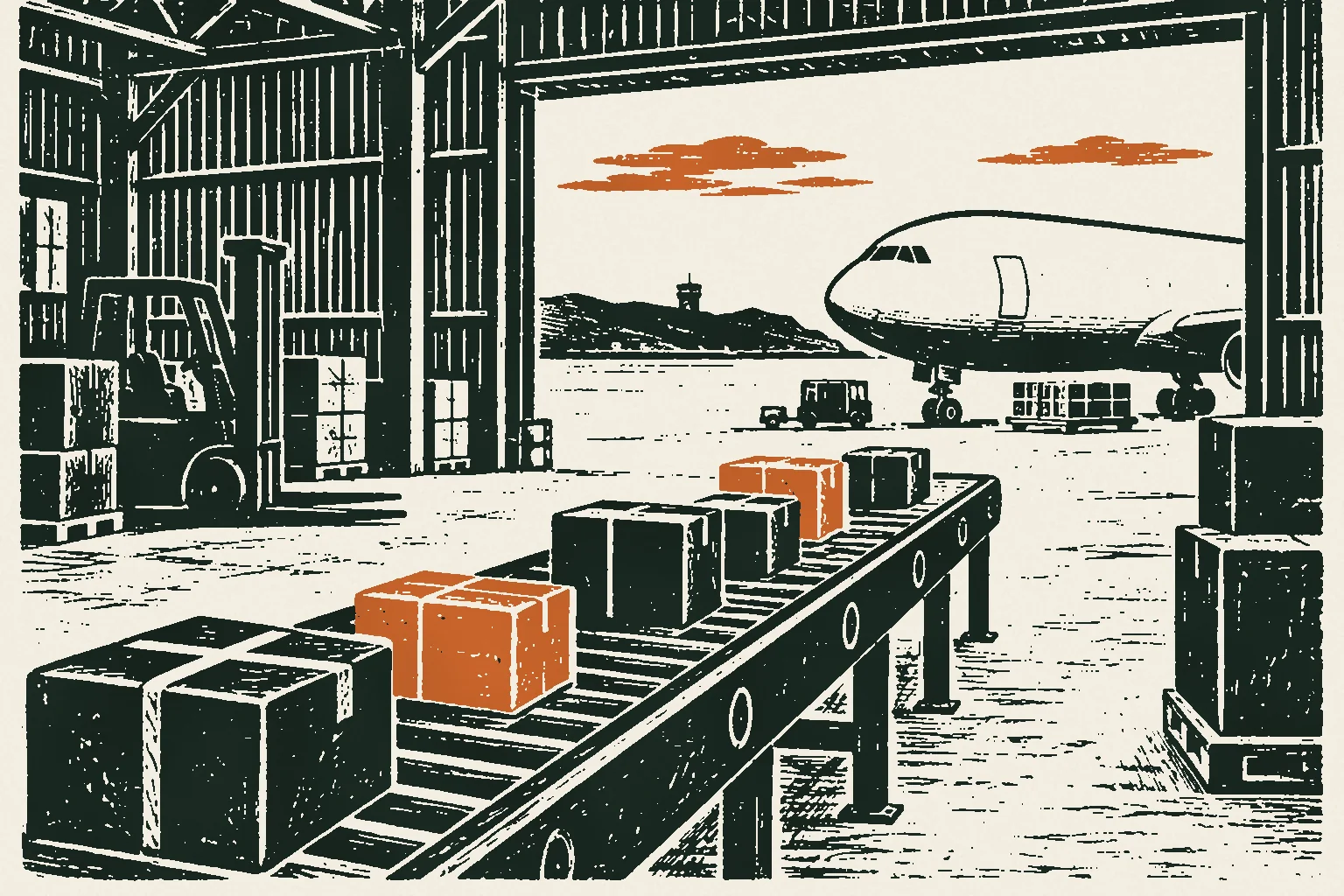 Linocut print of small parcels on a conveyor in an airport cargo shed
